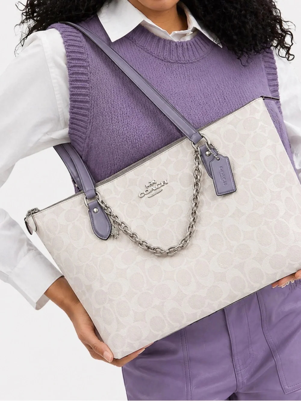 Coach Gallery Tote in leather / signature canvas with chain charm - Picture 1 of 12